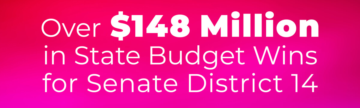 Red & pink gradient banner that says "Over $148 Million in State Budget Wins for Senate District 14"