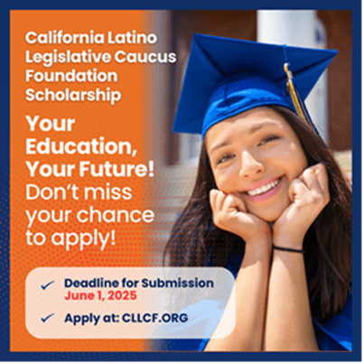 Proud young female graduate. Apply by June 1, 2025 for CA Latino Legislative Caucus Foundation Scholarship.