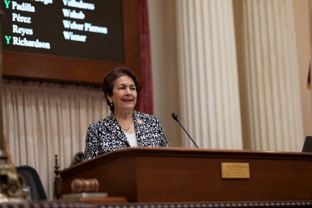 Senator Anna Caballero speaks from the Senate dais.