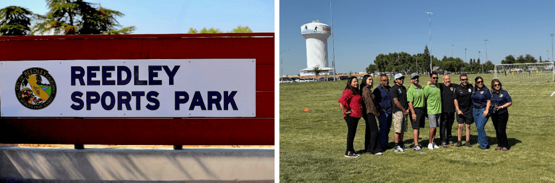 Reedley Sports Park sign &amp; Senator Caballero staff at Reedley Sports Park